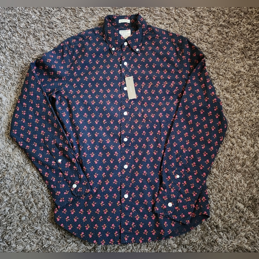 NWT J.Crew Floral AOP Blue/Red Organic Cotton Long Sleeve Button Up Men's S
